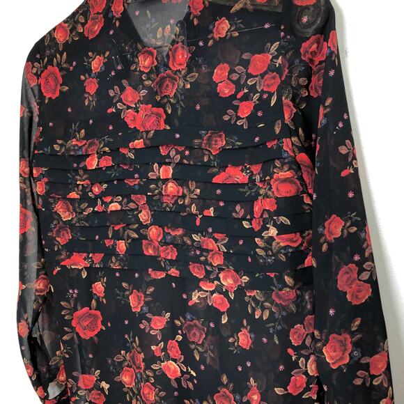 Kooples Romantic Rose Muslin Blouse Black Red Sheer Button Down xs - Picture 8 of 10
